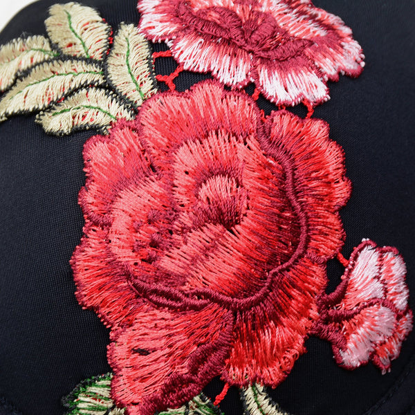 Women's Embroidery Floral Sexy Bustier Crop Top Smooth Corset Bra Tops Black - FANCYMAKE