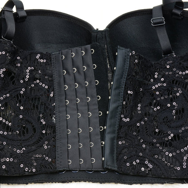 Women's Sequin Lace Bustier Crop Top Sexy Mesh Corset Vest Black - FANCYMAKE