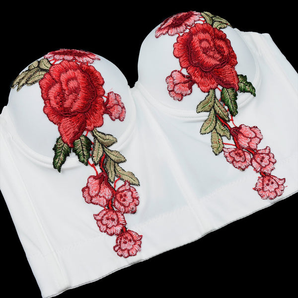 Women's Embroidery Floral Sexy Bustier Crop Top Smooth Corset Bra Tops White - FANCYMAKE
