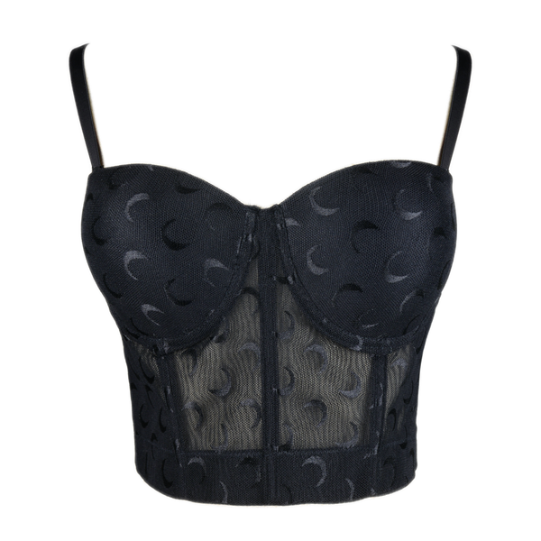 Women's Mesh Crescent Moon Print Bustier Crop Top Sexy Corset Top Bra Black 34/75 - FANCYMAKE