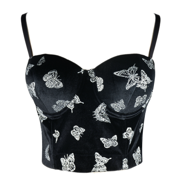 Women's Butterfly Velvet Bustier Crop Top Sexy Women Corset Top Bra Black - FANCYMAKE
