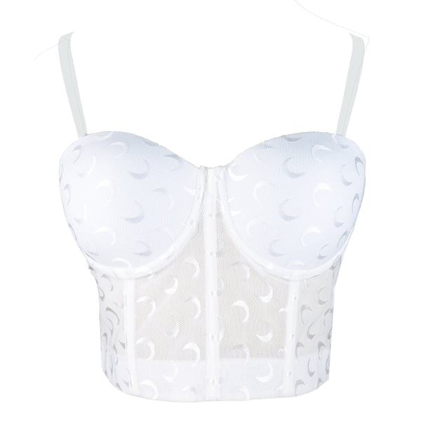 Women's Mesh Crescent Moon Print Bustier Crop Top Sexy Corset Top Bra White 34/75 - FANCYMAKE