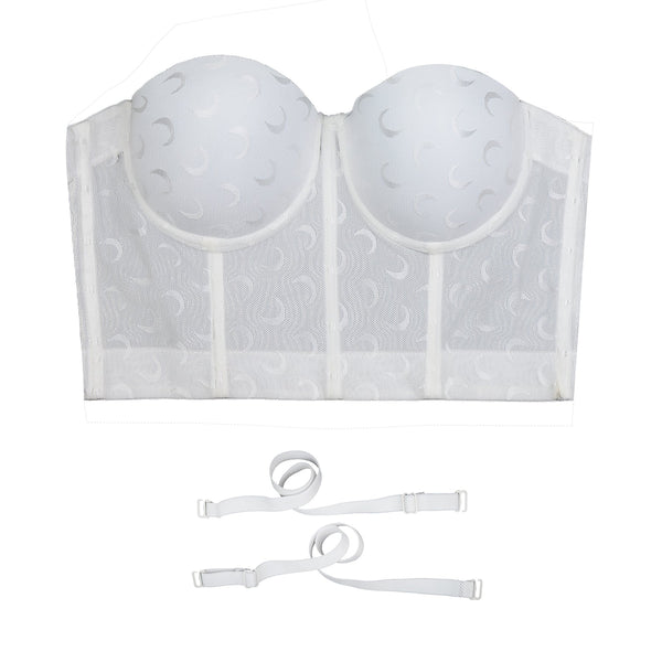 Women's Mesh Crescent Moon Print Bustier Crop Top Sexy Corset Top Bra White 34/75 - FANCYMAKE