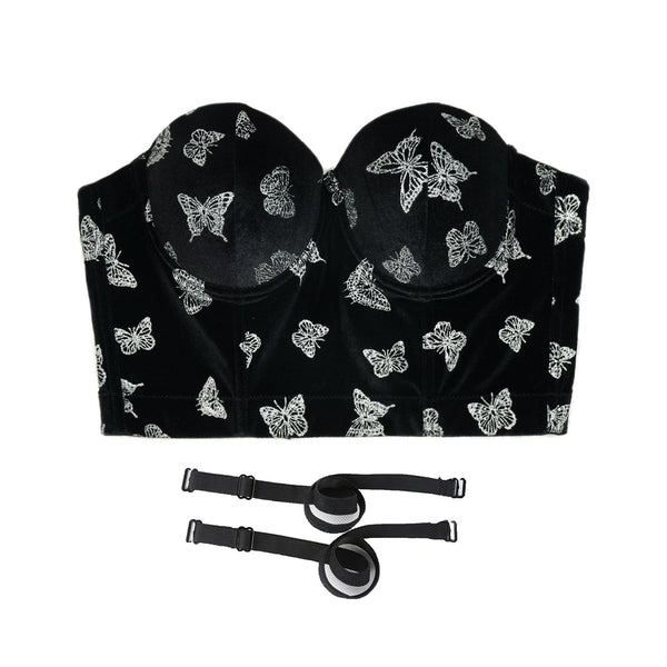 Women's Butterfly Velvet Bustier Crop Top Sexy Women Corset Top Bra Black - FANCYMAKE