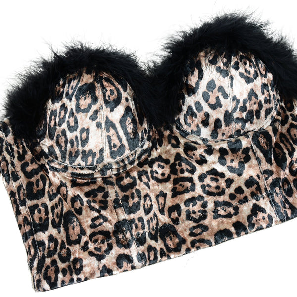 Women Sexy Feather Leopard Pattern Bustier Crop Top Women's Corset Top Bra Brown - FANCYMAKE