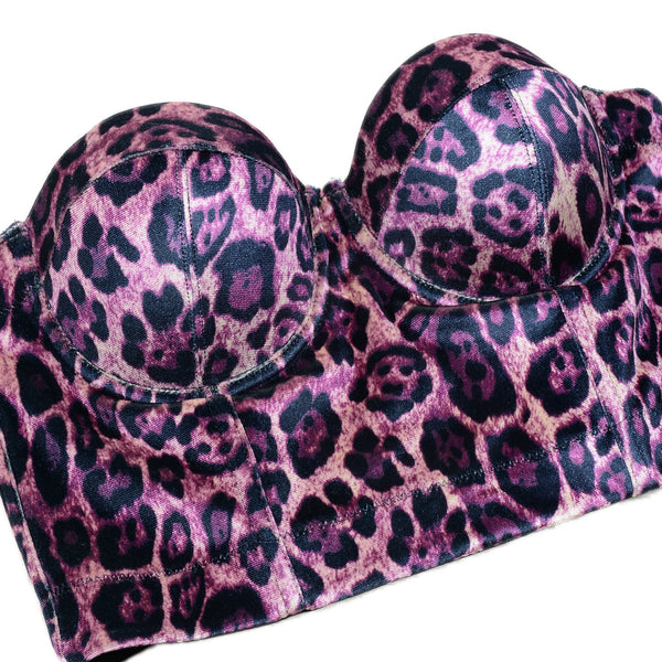Leopard Pattern Bustier Crop Top Push Up Women's Corset Top Bra Pink - FANCYMAKE
