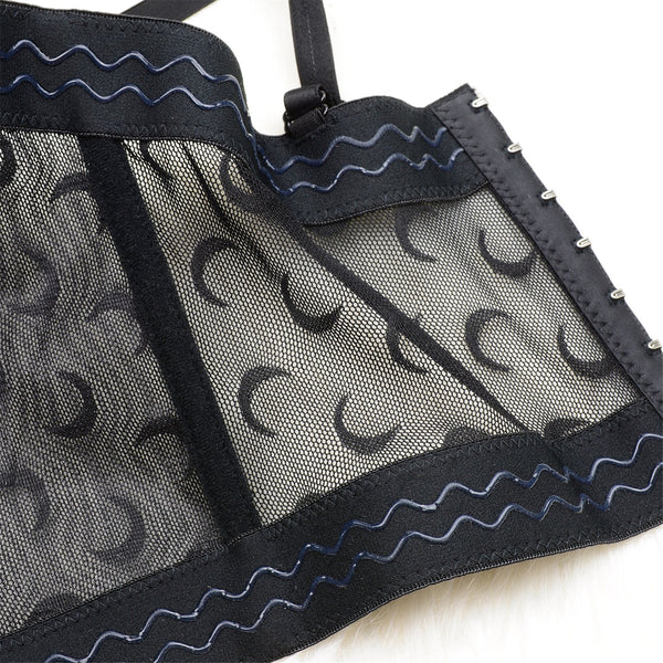 Women's Mesh Crescent Moon Print Bustier Crop Top Sexy Corset Top Bra Black 34/75 - FANCYMAKE