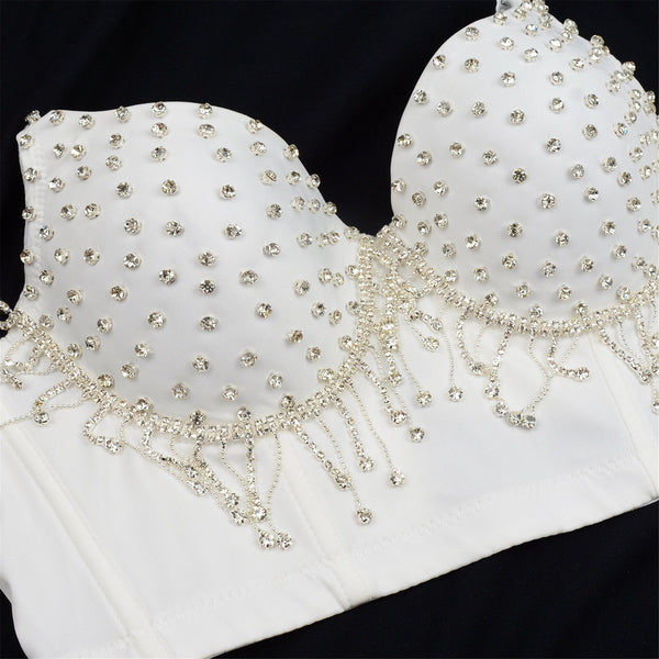 Women's Tassel Rhinestone Diamond Bustier Crop Top Luxury Corset Bra White - FANCYMAKE