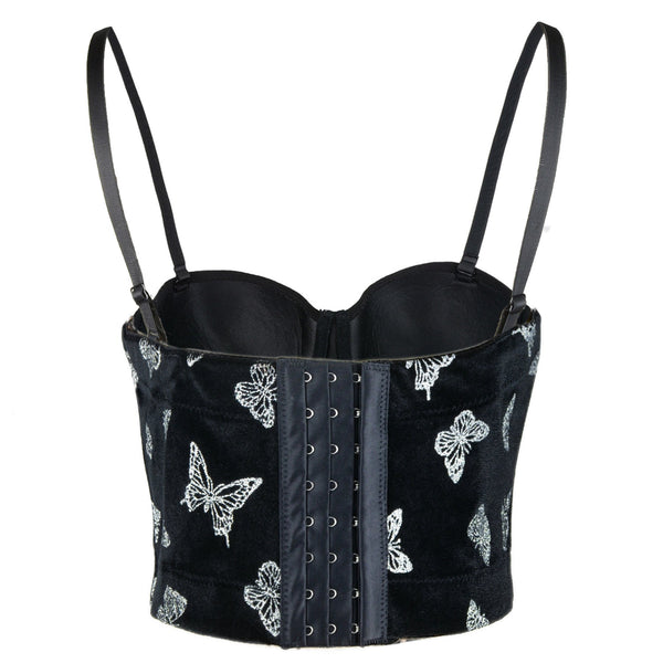 Women's Butterfly Velvet Bustier Crop Top Sexy Women Corset Top Bra Black - FANCYMAKE