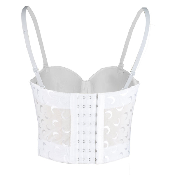 Women's Mesh Crescent Moon Print Bustier Crop Top Sexy Corset Top Bra White 34/75 - FANCYMAKE