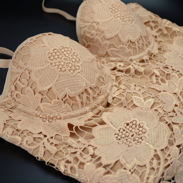 Women's Floral Lace Bustier Crop Top Gothic Corset Bra Tops Gold and Khaki - FANCYMAKE