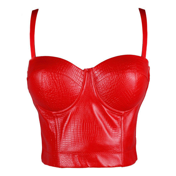 Snake Faux Leather Bustier Crop Top Women's Sexy Corset Top Bra Red