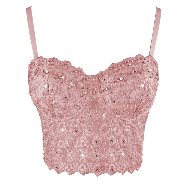 Women's Natural Reigning Lace Rhinestone Bustier Crop Top Sexy Mesh Corset Top Bra Pink - FANCYMAKE