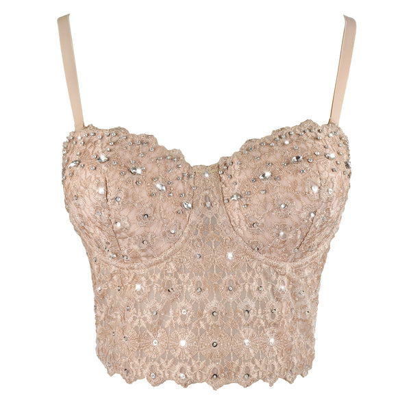 Nude Pearls Diamond Lace Crop Top Tank Tops - FANCYMAKE
