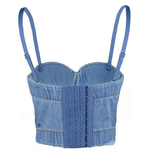 Women's Deium Bustier Crop Top Jean Corset Top Bra with Detachable Straps
- FANCYMAKE
