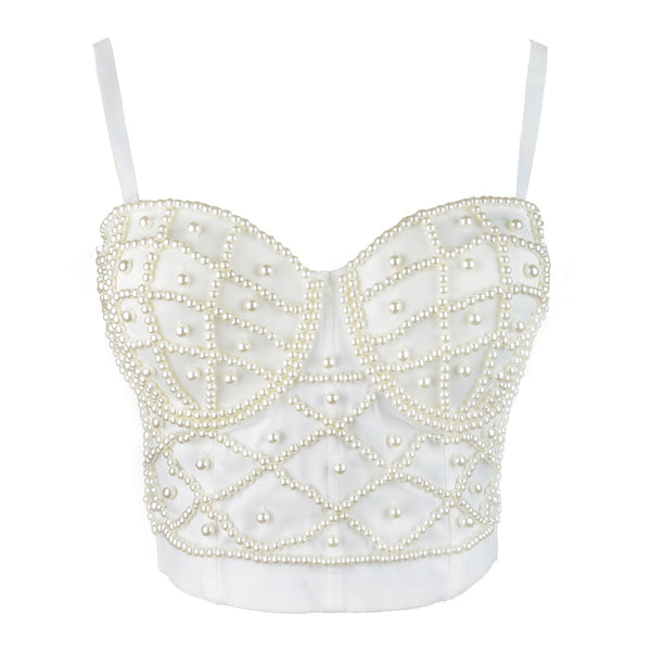 Sexy Pearls Beaded Bustier Corset Crop Top Club Party Cage Bra White - FANCYMAKE