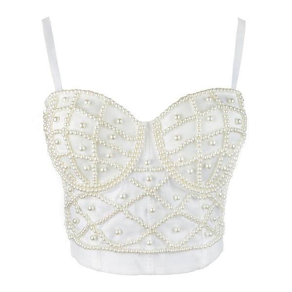 White Pearls Beaded Bustier Corset Club Party Cage Bra - FANCYMAKE