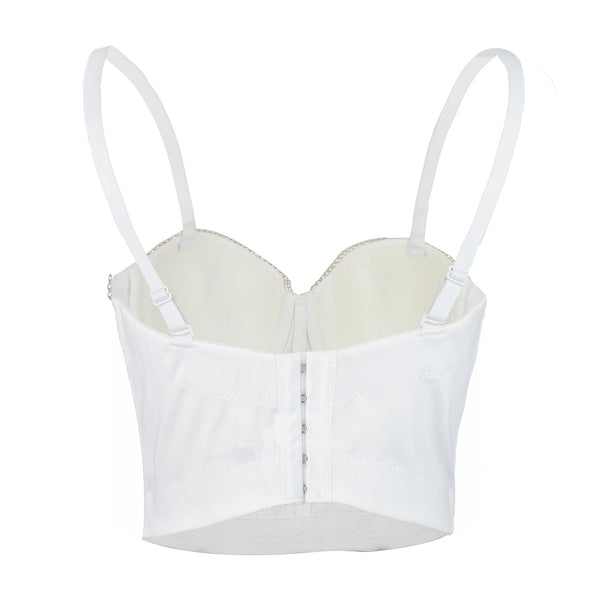 Sexy Pearls Beaded Bustier Corset Crop Top Club Party Cage Bra White - FANCYMAKE