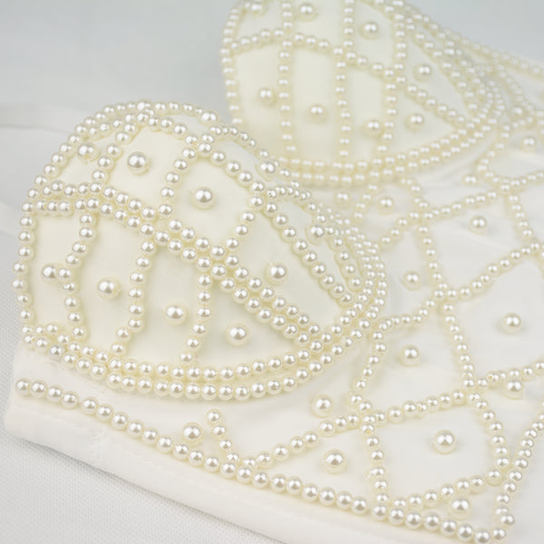 White Pearls Beaded Bustier Corset Club Party Cage Bra - FANCYMAKE