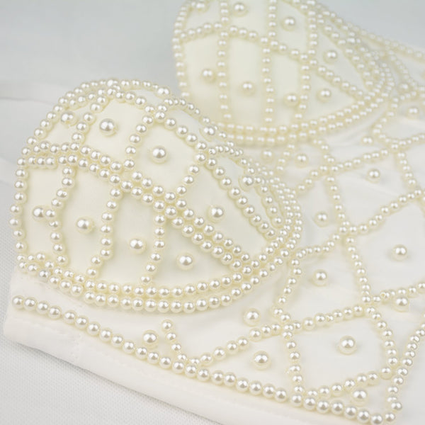 Sexy Pearls Beaded Bustier Corset Crop Top Club Party Cage Bra White - FANCYMAKE