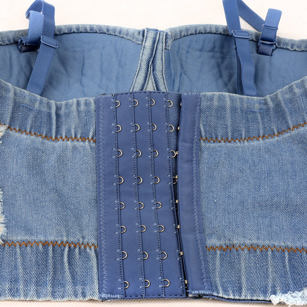 Women's Deium Bustier Crop Top Jean Corset Top Bra with Detachable Straps
- FANCYMAKE