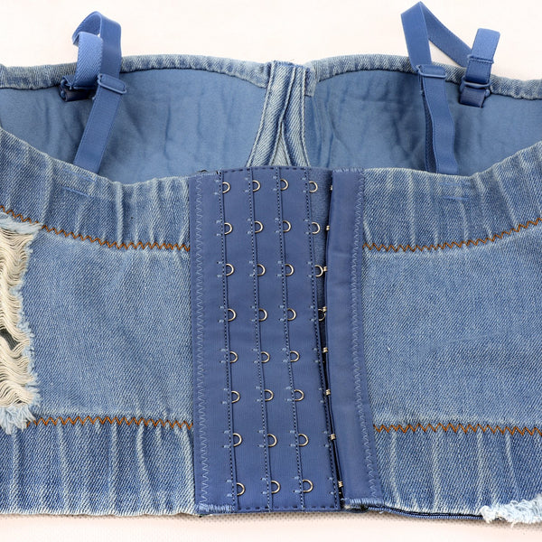 Deium Hole Cute Women's Bustier Crop Top Jean Corset Top Bra
 - FANCYMAKE