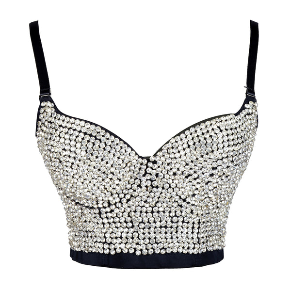 White Women's Rhinestone Diamond Bustier Crop Top Bra - FANCYMAKE