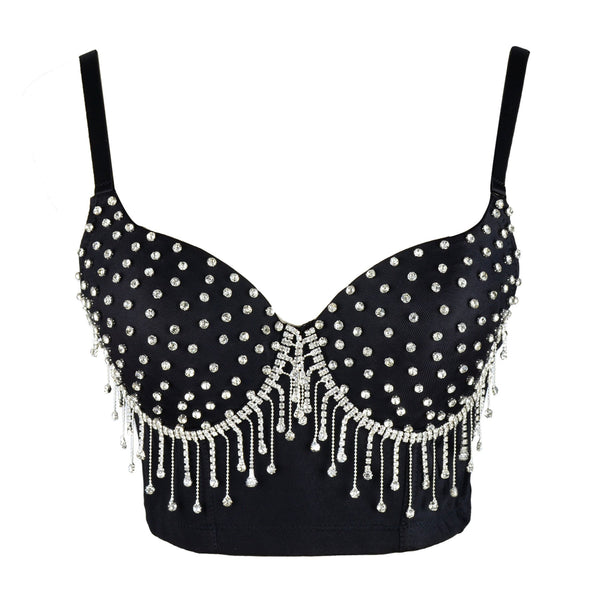 Women's Tassel Rhinestone Diamond Bustier Crop Top Luxury Corset Bra Black - FANCYMAKE