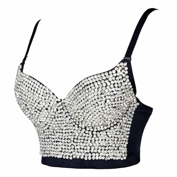 White Women's Rhinestone Diamond Bustier Crop Top Bra - FANCYMAKE