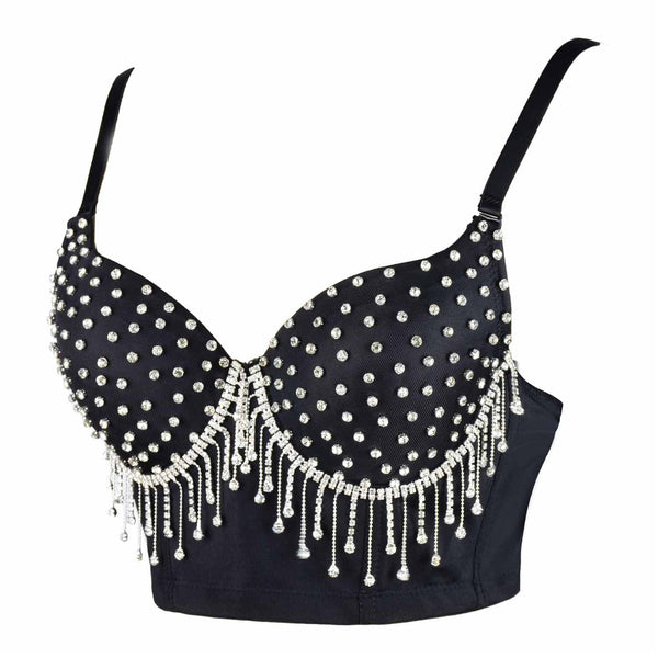 Women's Tassel Rhinestone Diamond Bustier Crop Top Luxury Corset Bra Black - FANCYMAKE