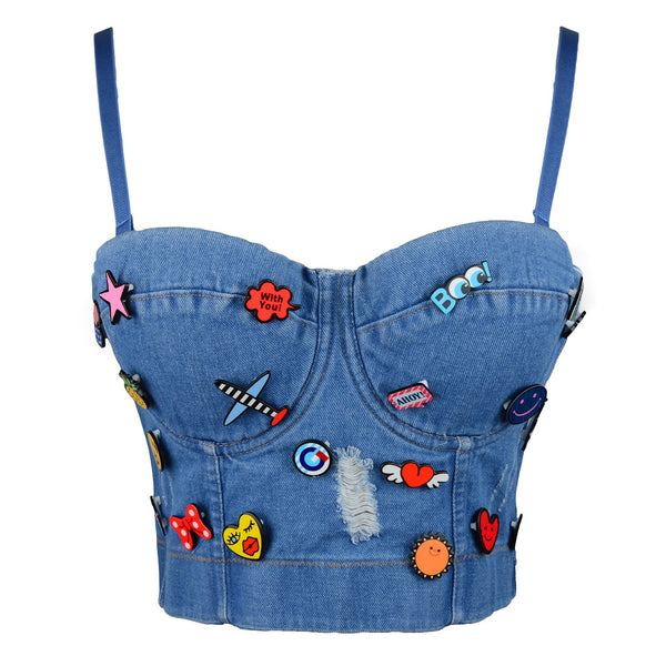 Deium Hole Cute Women's Bustier Crop Top Jean Corset Top Bra
 - FANCYMAKE