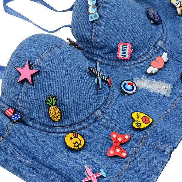 Deium Hole Cute Women's Bustier Crop Top Jean Corset Top Bra
 - FANCYMAKE
