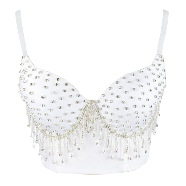 Women's Tassel Rhinestone Diamond Bustier Crop Top Luxury Corset Bra White - FANCYMAKE