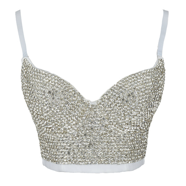 White Women's Rhinestone Diamond Bustier Crop Top Bra - FANCYMAKE