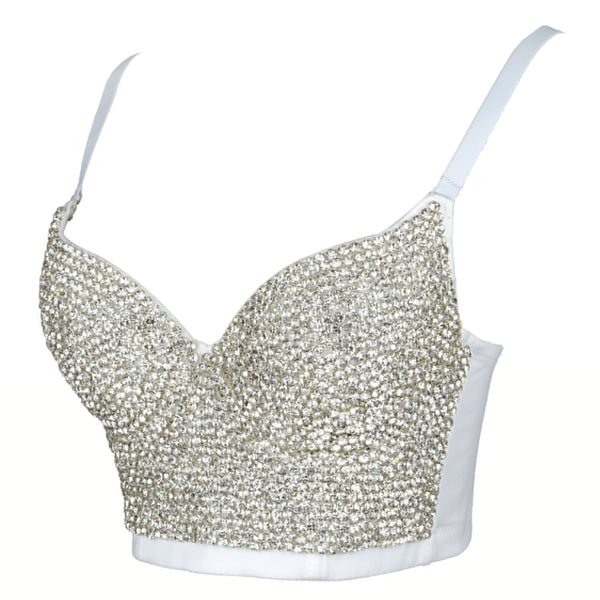 White Women's Rhinestone Diamond Bustier Crop Top Bra - FANCYMAKE