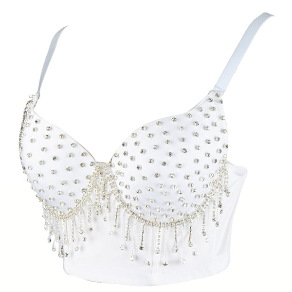 Women's Tassel Rhinestone Diamond Bustier Crop Top Luxury Corset Bra White - FANCYMAKE