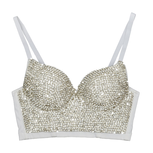 White Women's Rhinestone Diamond Bustier Crop Top Bra - FANCYMAKE