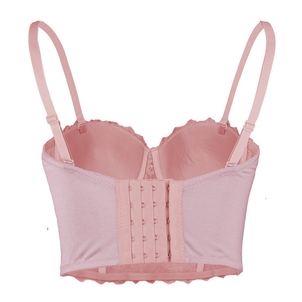 Women's Natural Reigning Lace Rhinestone Bustier Crop Top Sexy Mesh Corset Top Bra Pink - FANCYMAKE