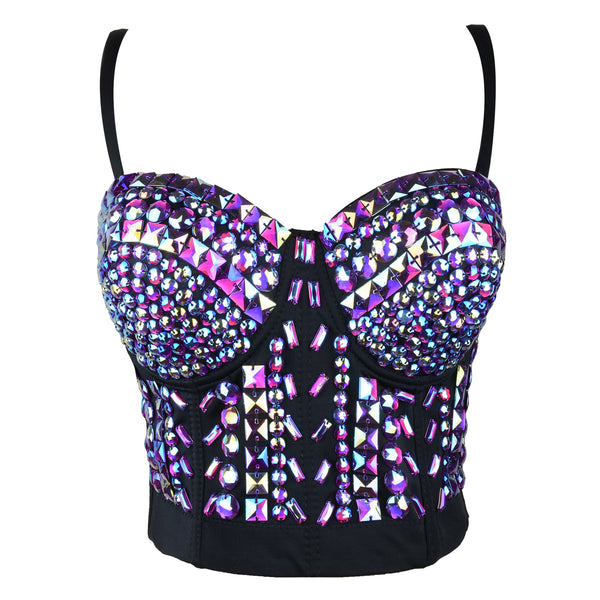 Purple Women's Sexy Rhinestone Bustier Crop Top Corset Bra - FANCYMAKE