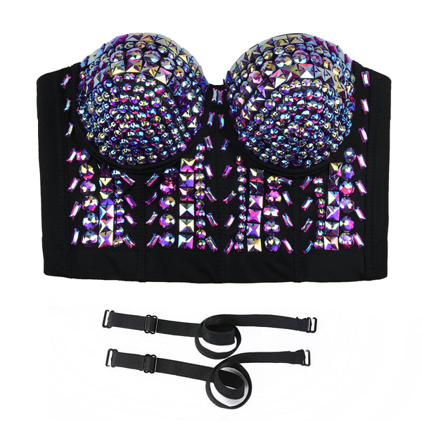 Purple Women's Sexy Rhinestone Bustier Crop Top Corset Bra - FANCYMAKE