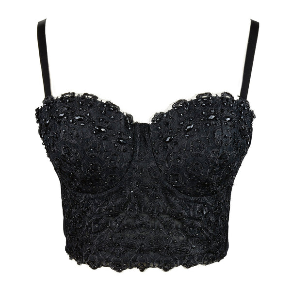 Women's Natural Reigning Lace Rhinestone Bustier Crop Top Sexy Mesh Corset Top Bra Black - FANCYMAKE