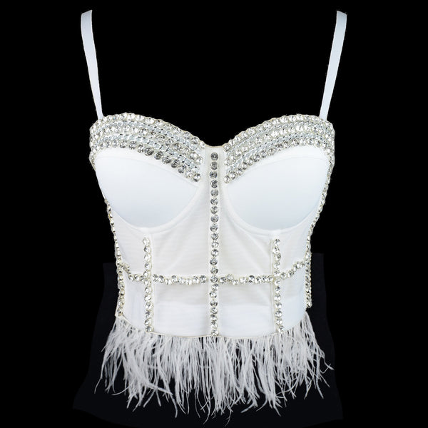 Feather Tassel Diamond Chain Mesh Bustier Top - FANCYMAKE