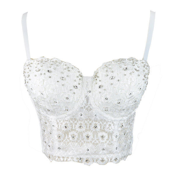 Women's Natural Reigning Lace Rhinestone Bustier Crop Top Sexy Mesh Corset Top Bra White - FANCYMAKE