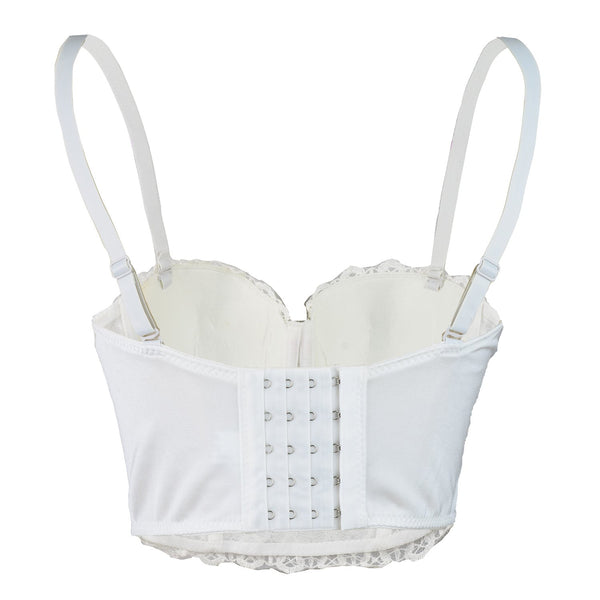 Women's Natural Reigning Lace Rhinestone Bustier Crop Top Sexy Mesh Corset Top Bra White - FANCYMAKE