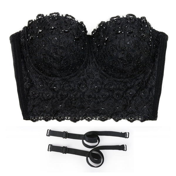 Women's Natural Reigning Lace Rhinestone Bustier Crop Top Sexy Mesh Corset Top Bra Black - FANCYMAKE