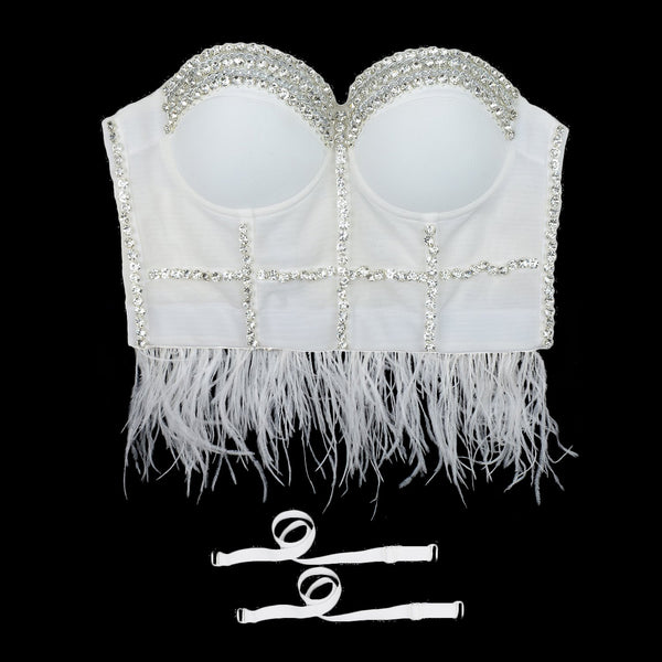 Feather Tassel Diamond Chain Mesh Bustier Top - FANCYMAKE