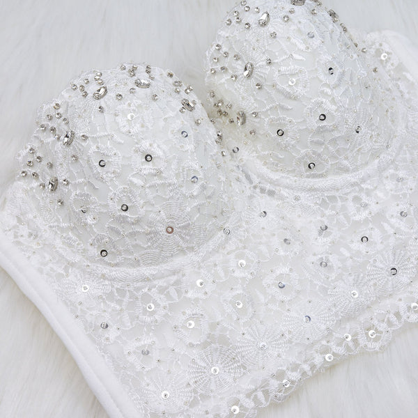 Women's Natural Reigning Lace Rhinestone Bustier Crop Top Sexy Mesh Corset Top Bra White - FANCYMAKE