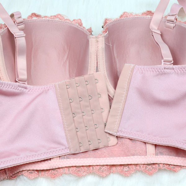 Women's Natural Reigning Lace Rhinestone Bustier Crop Top Sexy Mesh Corset Top Bra Pink - FANCYMAKE