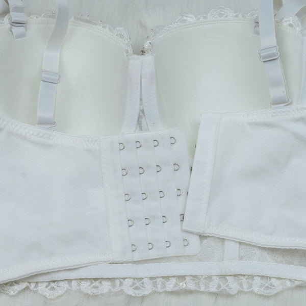 Women's Natural Reigning Lace Rhinestone Bustier Crop Top Sexy Mesh Corset Top Bra White - FANCYMAKE