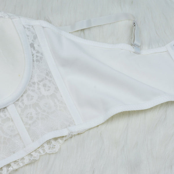 Women's Natural Reigning Lace Rhinestone Bustier Crop Top Sexy Mesh Corset Top Bra White - FANCYMAKE